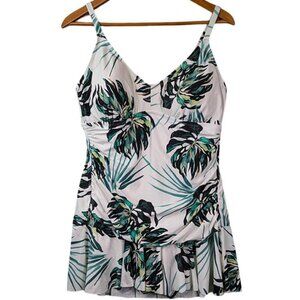 Sonnet Shores Swimdress Womens 16W White Green Leaf Floral Plus Adjustable Strap